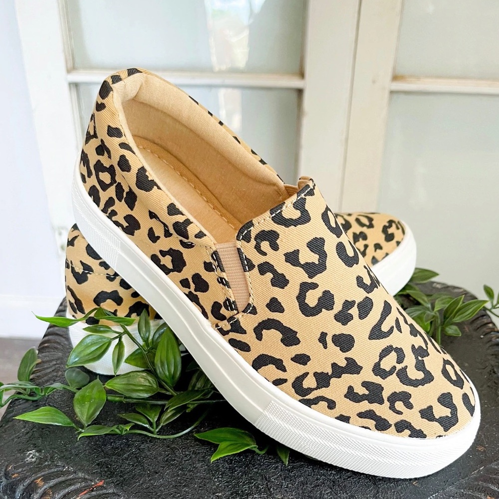 Light Tan Leopard Print Canvas Slip On Sneakers - Picture 4 of 8